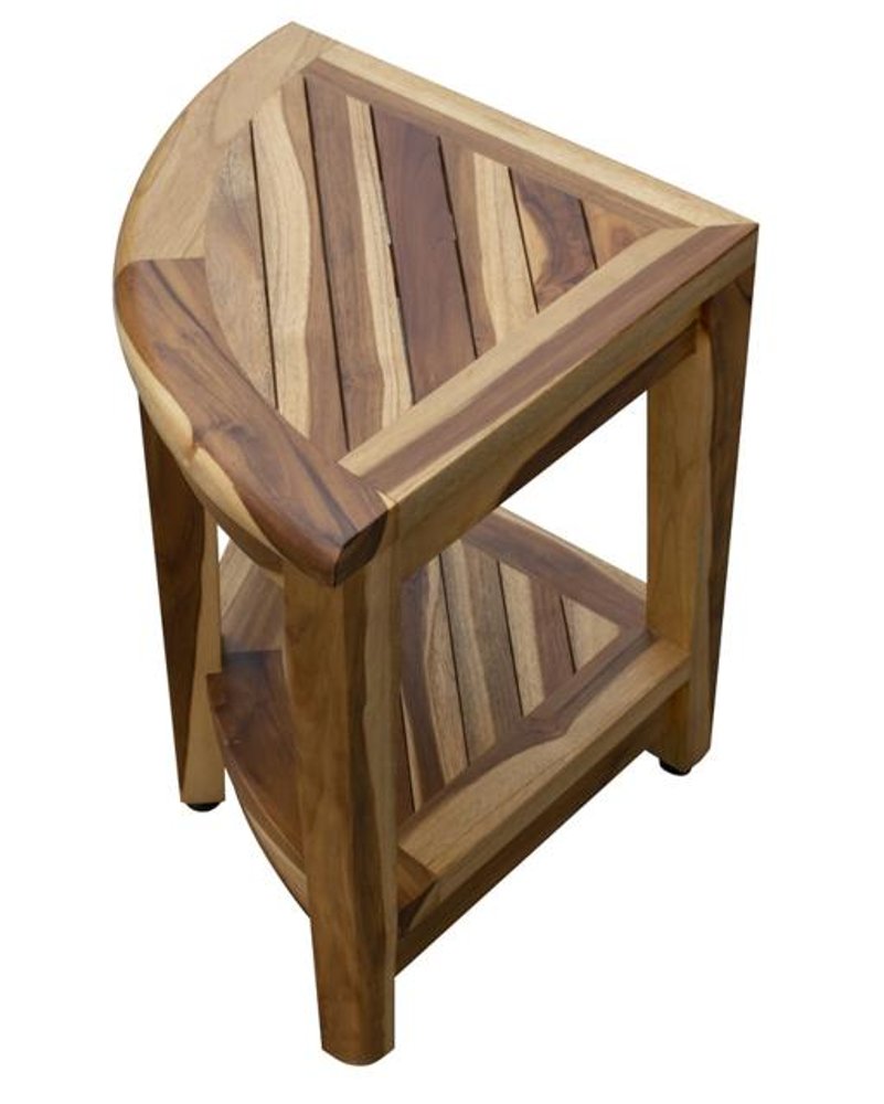 22" Natural Teak Corner Shower Bench With Shelf. Shower bench isolated on a plain white background, showing a tan teak surface.