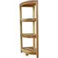 38" Natural Solid Teak Wood Freestanding Corner Shelving Unit. Bathroom storage isolated on a plain white background, in a tan wood finish.