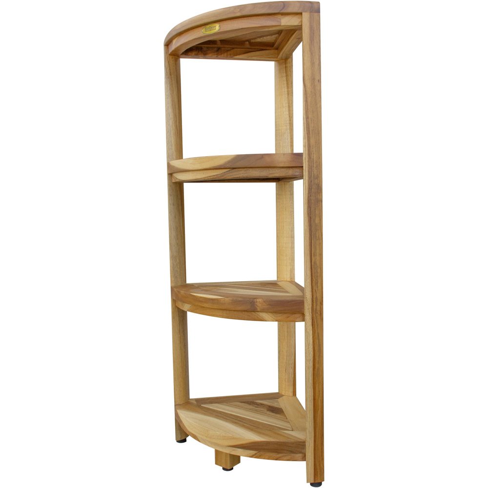 38" Natural Solid Teak Wood Freestanding Corner Shelving Unit. Bathroom storage isolated on a plain white background, in a tan wood finish.