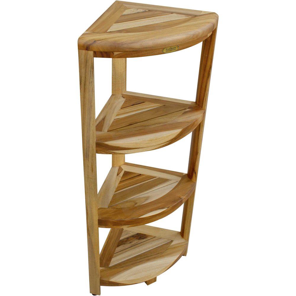 38" Natural Solid Teak Wood Freestanding Corner Shelving Unit