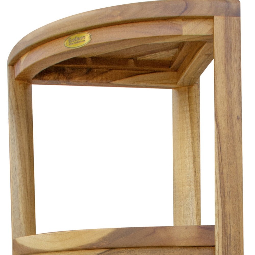 38" Natural Solid Teak Wood Freestanding Corner Shelving Unit. Bathroom storage in tan wood.