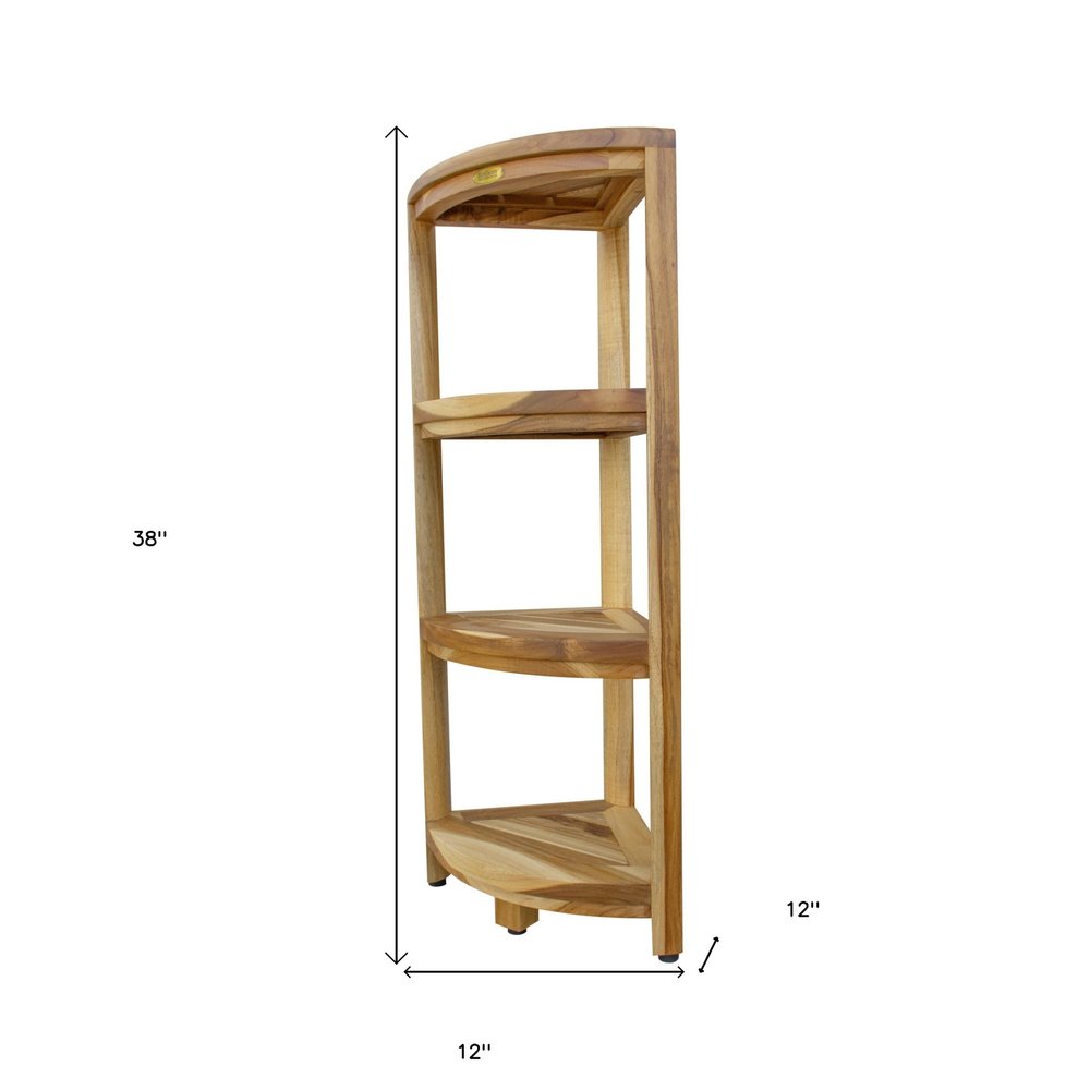 38" Natural Solid Teak Wood Freestanding Corner Shelving Unit. Bathroom storage isolated on a plain white background, finished in tan wood.