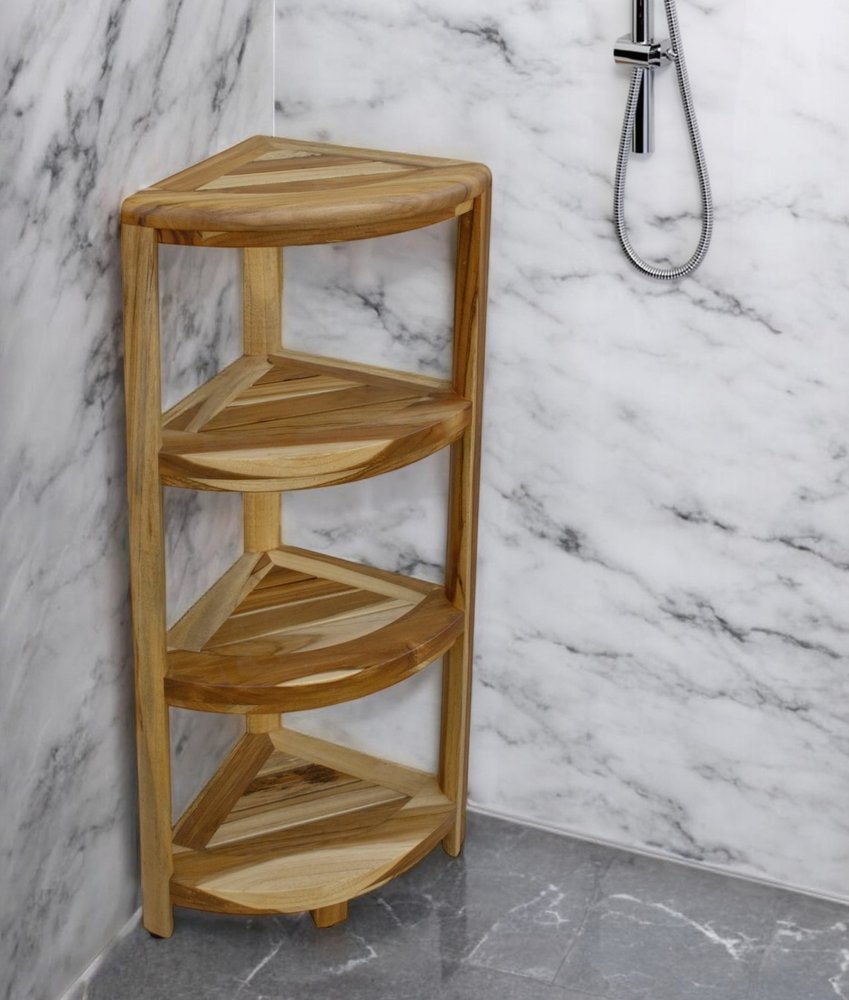 38" Natural Solid Teak Wood Freestanding Corner Shelving Unit styled in a furnished interior with a light gray wall on a tiled floor.