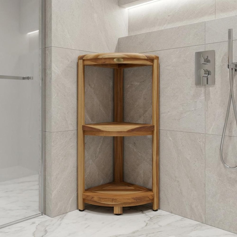 33" Natural Teak Corner Shower Bench With Shelf. Shower bench isolated on a plain white background, finished in tan teak.