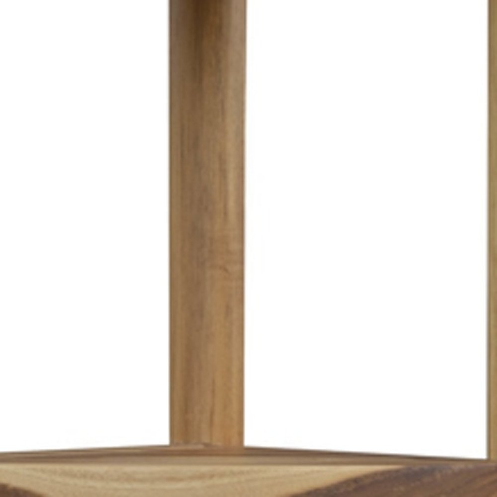 33" Natural Teak Corner Shower Bench With Shelf. Shower bench isolated on a plain white background, in a tan teak finish.