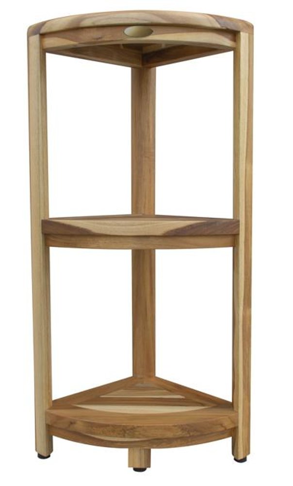 33" Natural Teak Corner Shower Bench With Shelf. Shower bench isolated on a plain white background, showing a tan teak surface.