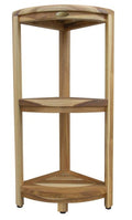 33" Natural Teak Corner Shower Bench With Shelf. Shower bench isolated on a plain white background, showing a tan teak surface.