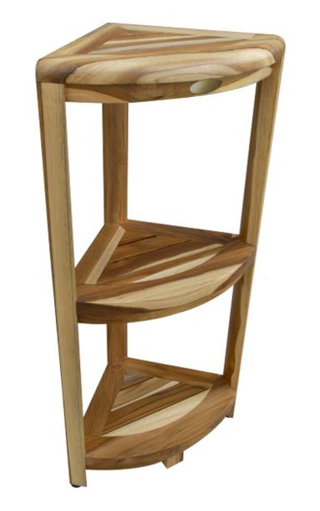 33" Natural Teak Corner Shower Bench With Shelf. Shower bench isolated on a plain white background, in a tan teak finish.