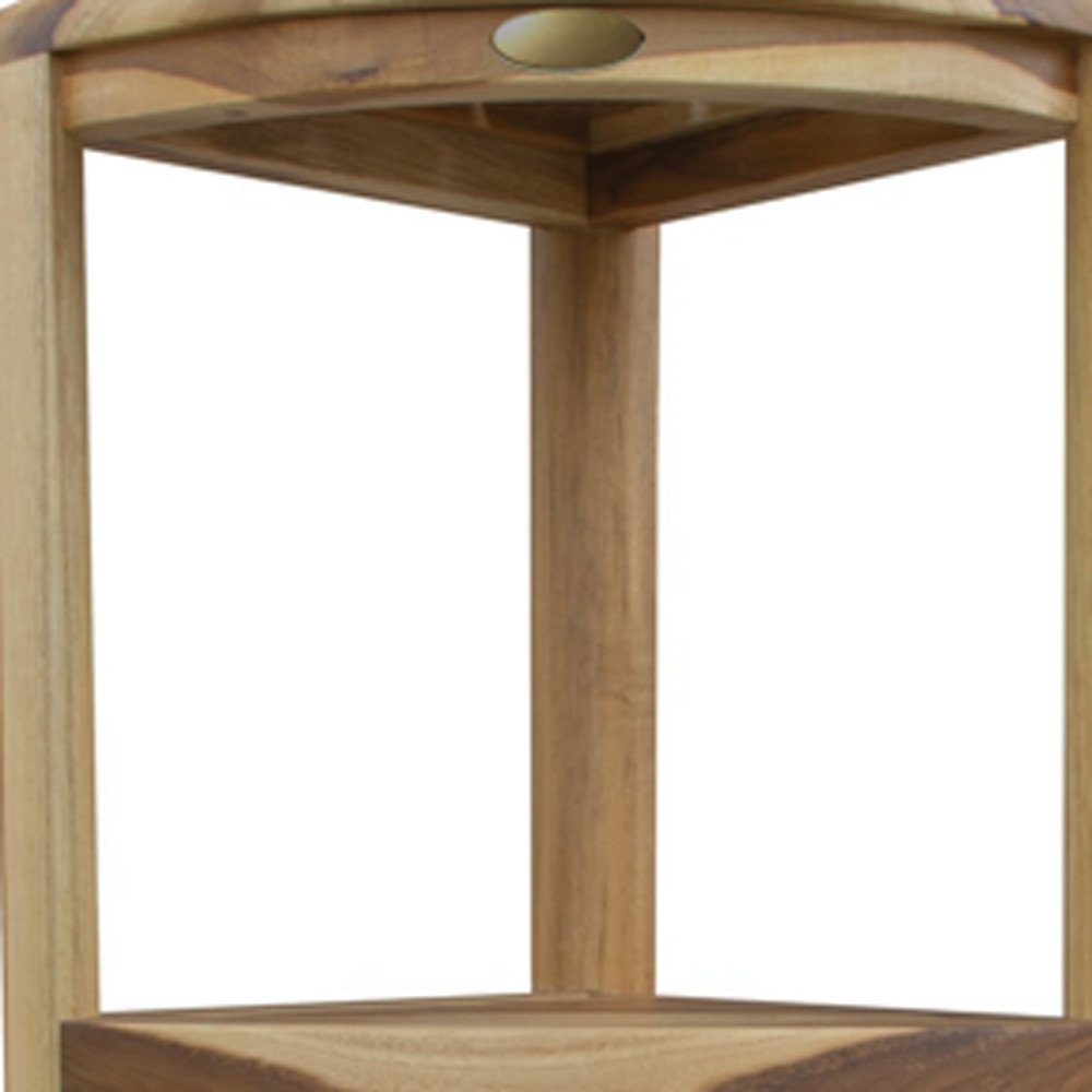 33" Natural Teak Corner Shower Bench With Shelf. Shower bench in tan teak.