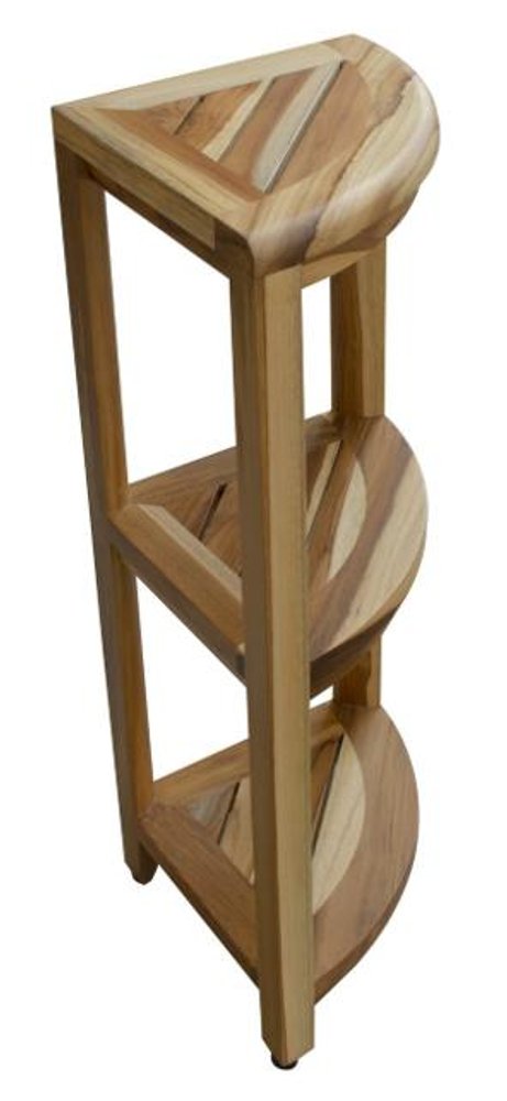33" Natural Teak Corner Shower Bench With Shelf. Shower bench isolated on a plain white background, in a tan teak finish.