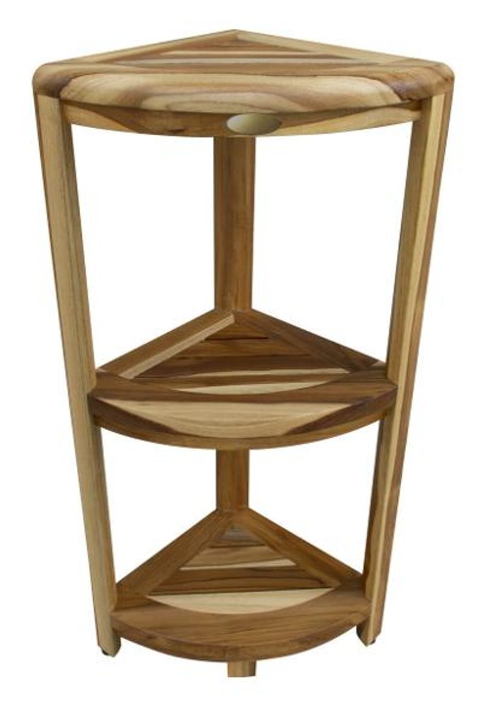 33" Natural Teak Corner Shower Bench With Shelf. Shower bench isolated on a plain white background, finished in tan teak.