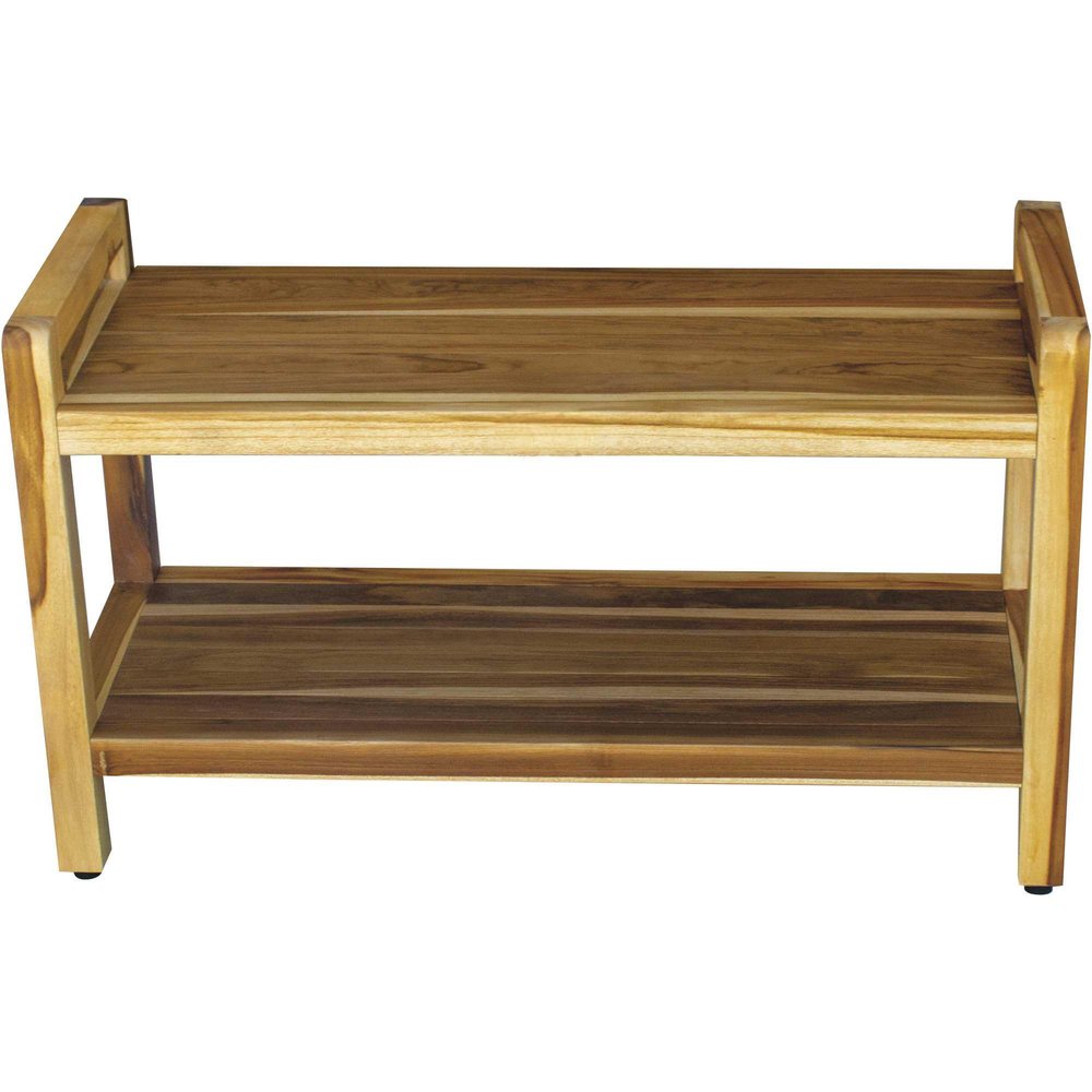 35" Natural Teak Rectangular Shower Bench With Shelf. Shower bench isolated on a plain white background, showing a tan teak surface.