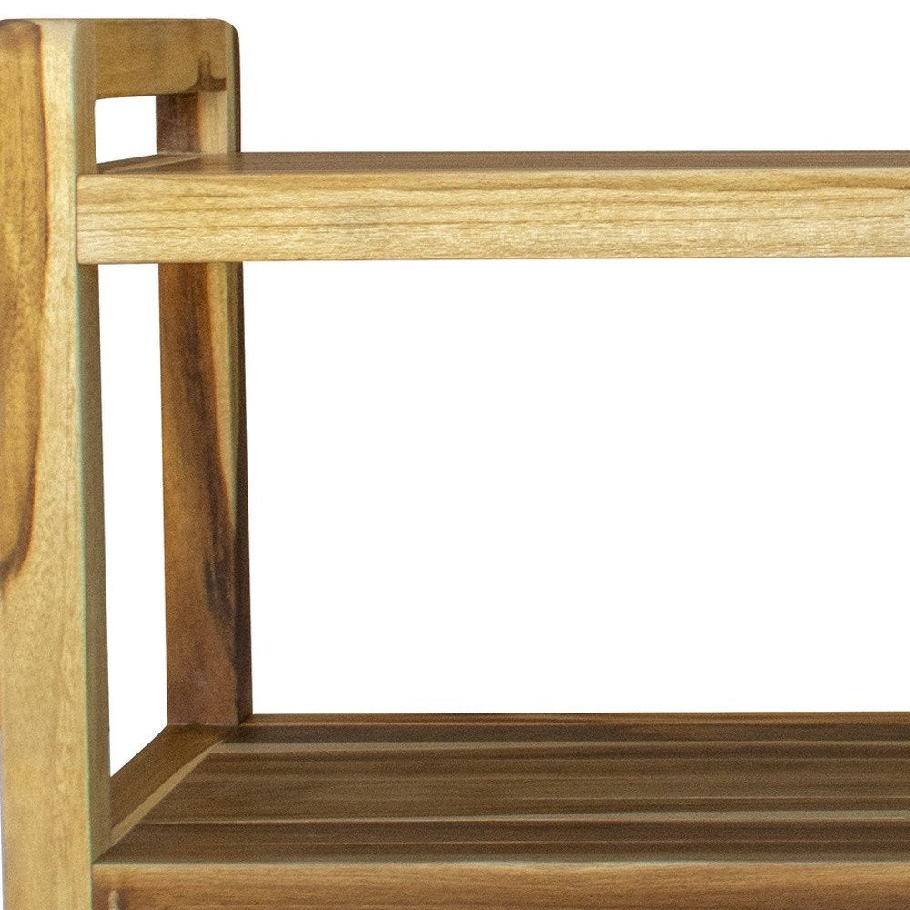 35" Natural Teak Rectangular Shower Bench With Shelf. Shower bench in tan teak.