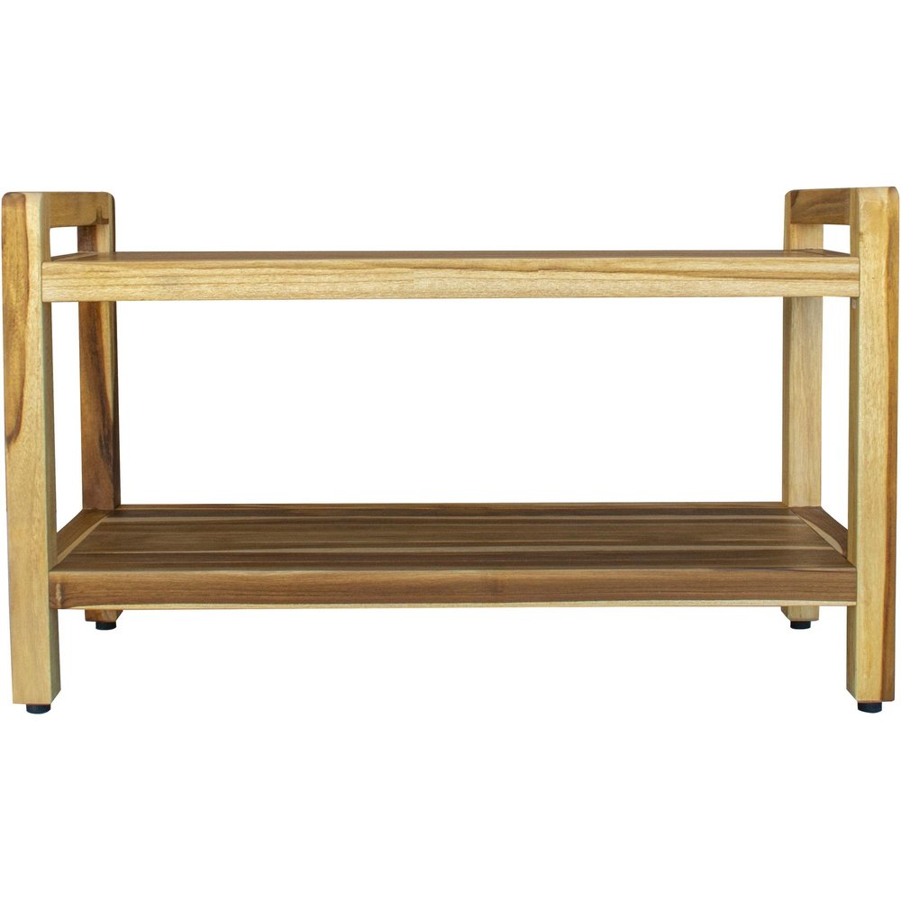 Natural teak wood shower bench with two shelves and a white background.