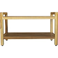 35" Natural Teak Rectangular Shower Bench With Shelf. Shower bench isolated on a plain white background, showing a tan teak surface.