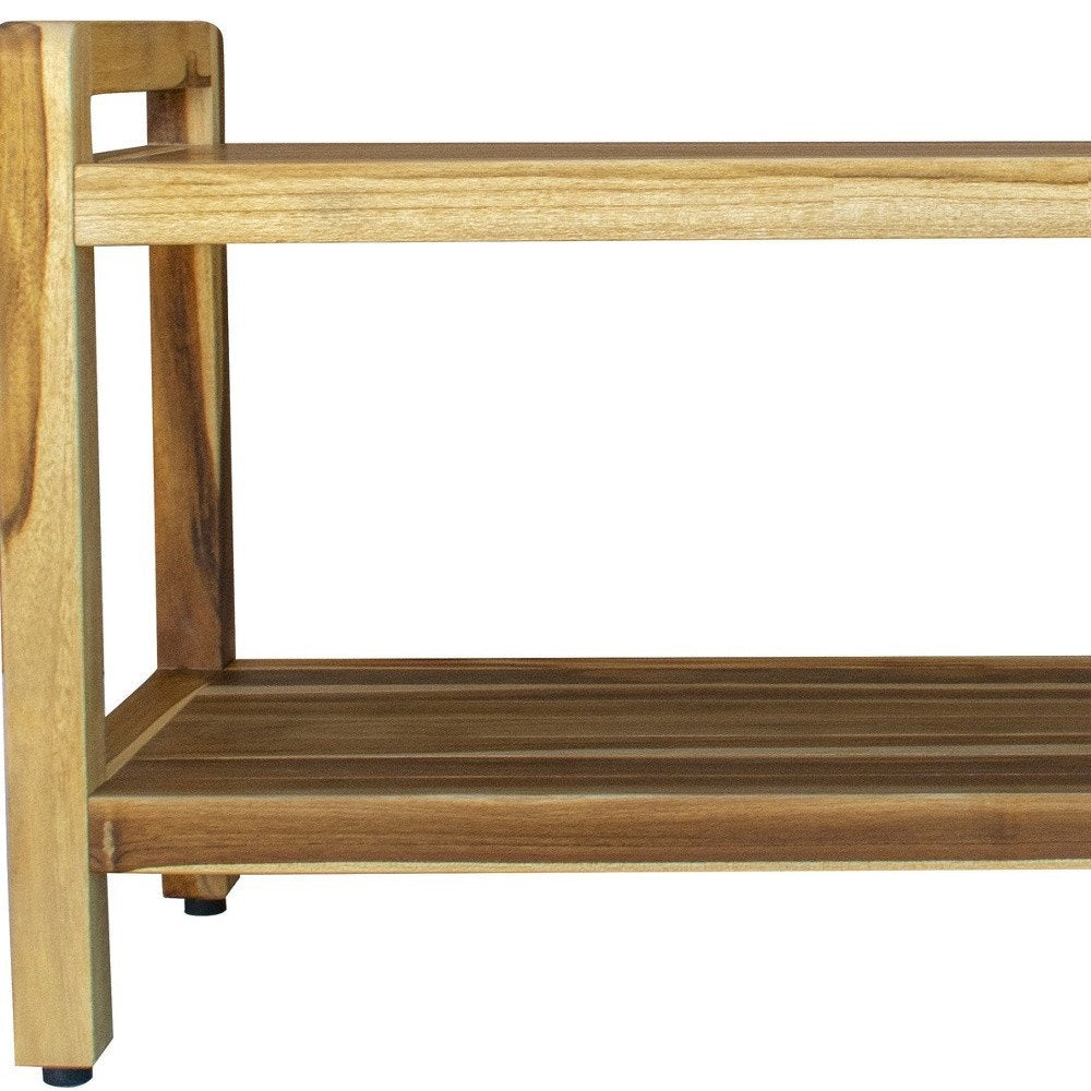 35" Natural Teak Rectangular Shower Bench With Shelf. Shower bench isolated on a plain white background, in a tan teak finish.