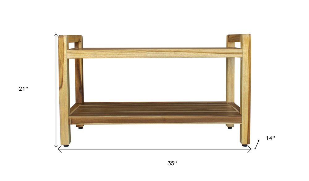 35" Natural Teak Rectangular Shower Bench With Shelf. Shower bench isolated on a plain white background, finished in tan teak.