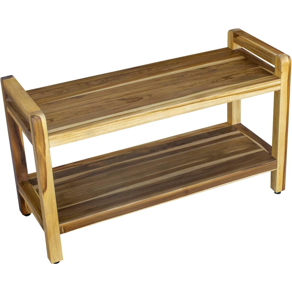 35" Natural Teak Rectangular Shower Bench With Shelf. Shower bench isolated on a plain white background, finished in tan teak.