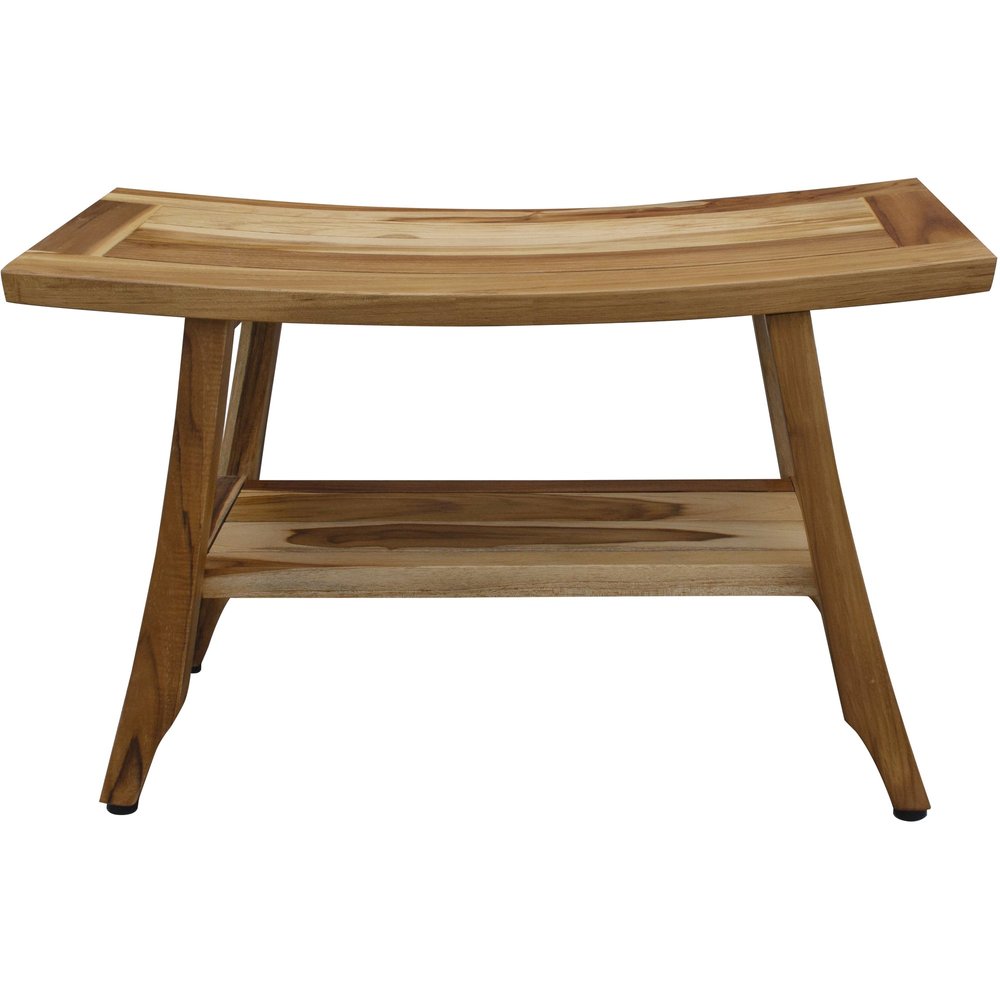 28" Natural Solid Teak Rectangular Shower Bench With Shelf. Shower bench isolated on a plain white background, in a tan teak finish.