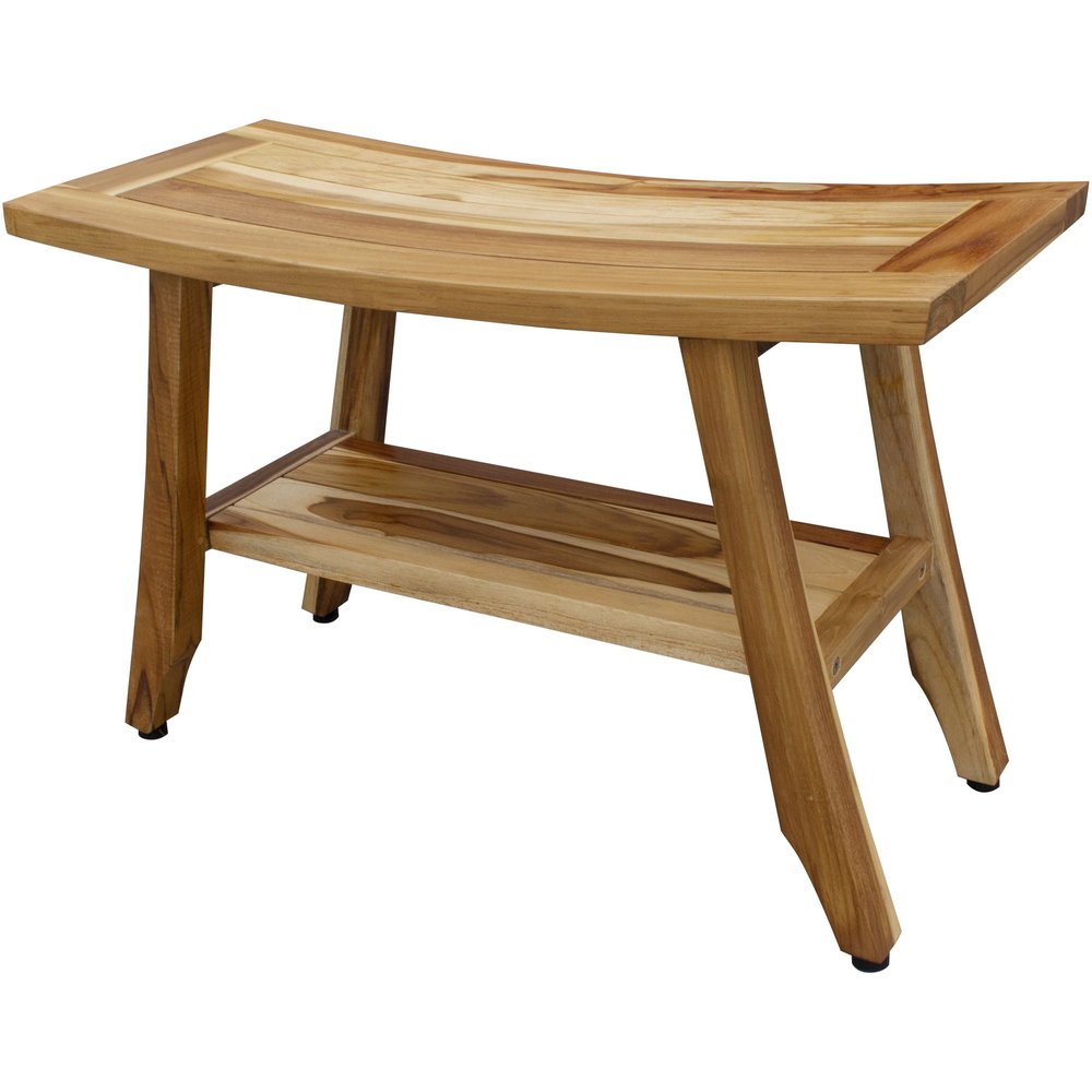 28" Natural Solid Teak Rectangular Shower Bench With Shelf. Shower bench isolated on a plain white background, finished in tan teak.