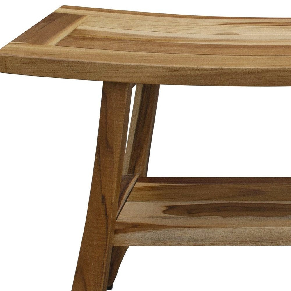 28" Natural Solid Teak Rectangular Shower Bench With Shelf. Shower bench isolated on a plain white background, finished in tan teak.