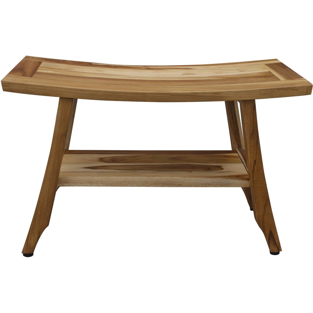 28" Natural Solid Teak Rectangular Shower Bench With Shelf. Shower bench isolated on a plain white background, in a tan teak finish.
