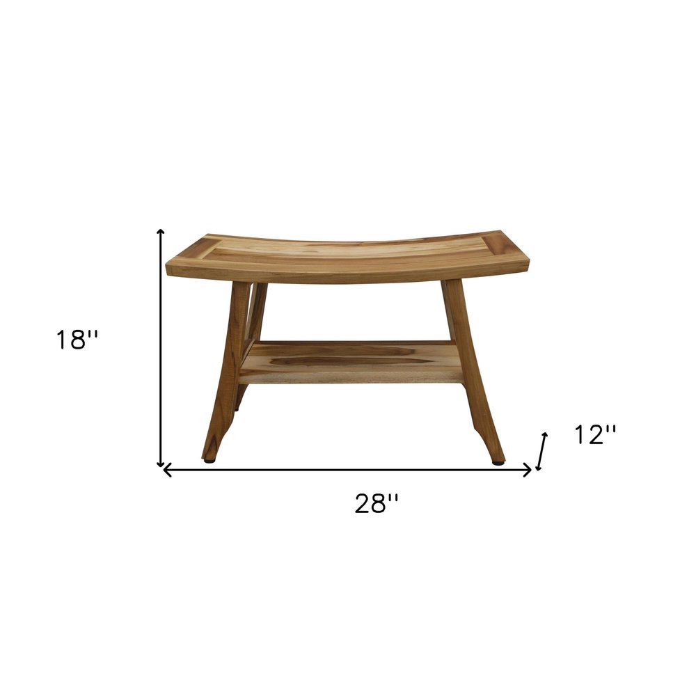 28" Natural Solid Teak Rectangular Shower Bench With Shelf. Shower bench isolated on a plain white background, showing a tan teak surface.