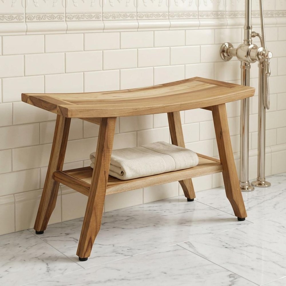 28" Natural Solid Teak Rectangular Shower Bench With Shelf. Shower bench isolated on a plain white background, finished in tan teak.