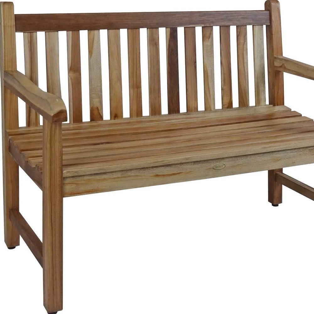 26" Natural Teak Solid Wood Garden Bench. Outdoor benche isolated on a plain white background, finished in tan wood.