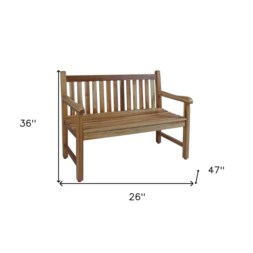 26" Natural Teak Solid Wood Garden Bench. Outdoor benche isolated on a plain white background, finished in tan wood.