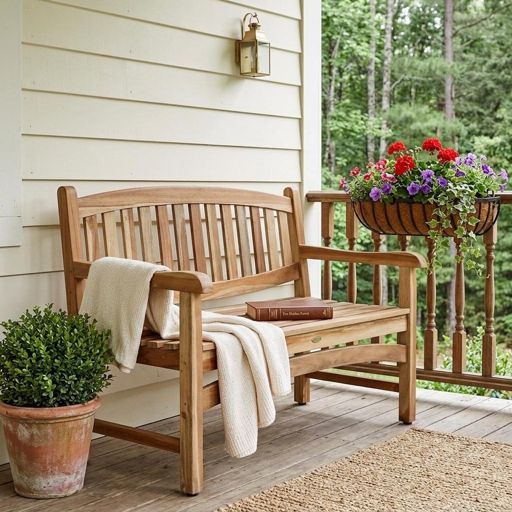 26" Natural Teak Solid Wood Garden Bench shown outdoors on a patio with greenery in tan wood.