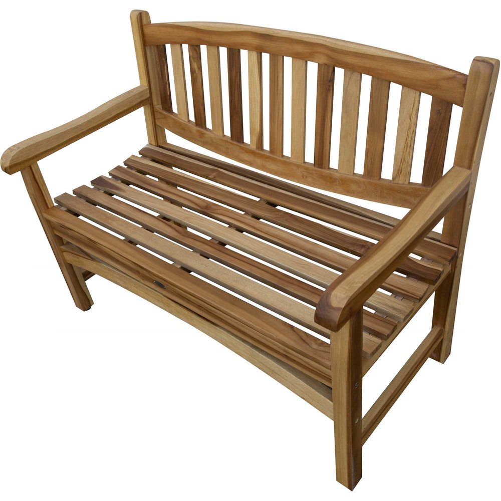 A natural teak solid wood garden bench with a slatted seat and backrest on a white background.