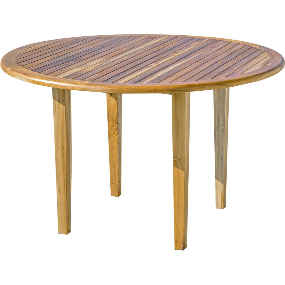 Round natural solid wood outdoor dining table with four tapered legs on a white background.