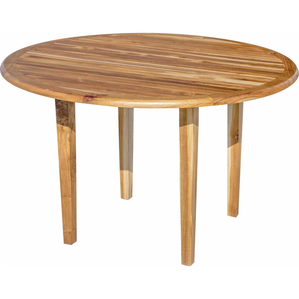 48" Natural Rounded Solid Wood Outdoor Dining Table. Outdoor table isolated on a plain white background, finished in tan wood.