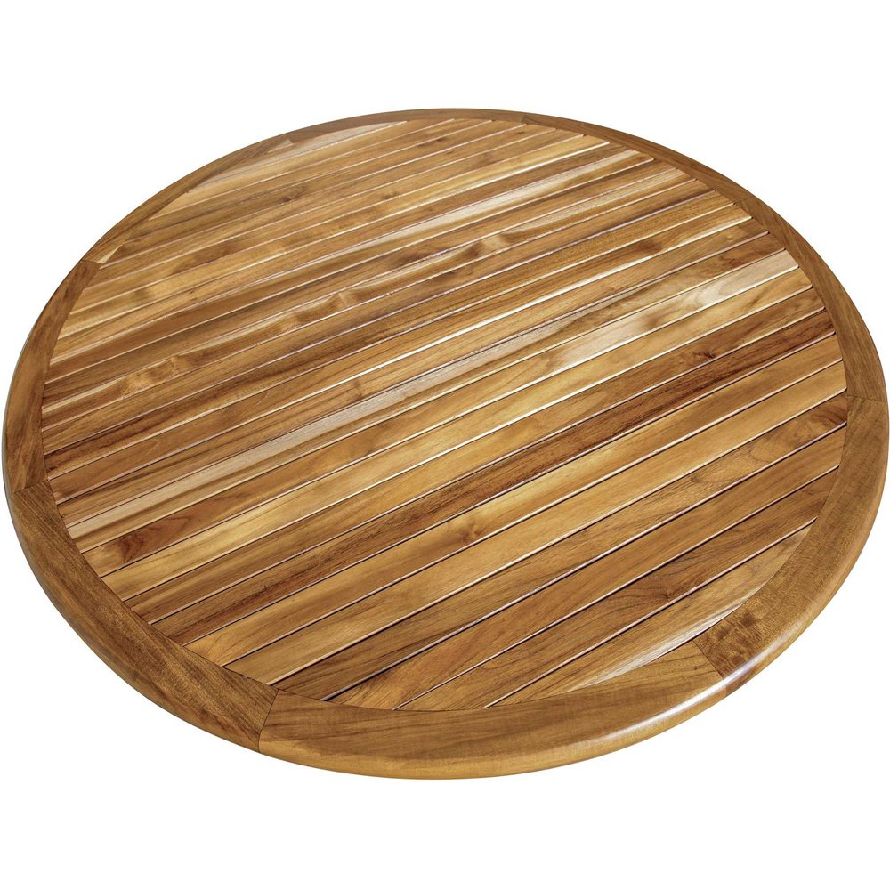 48" Natural Rounded Solid Wood Outdoor Dining Table. Outdoor table isolated on a plain white background, showing a tan wood surface.