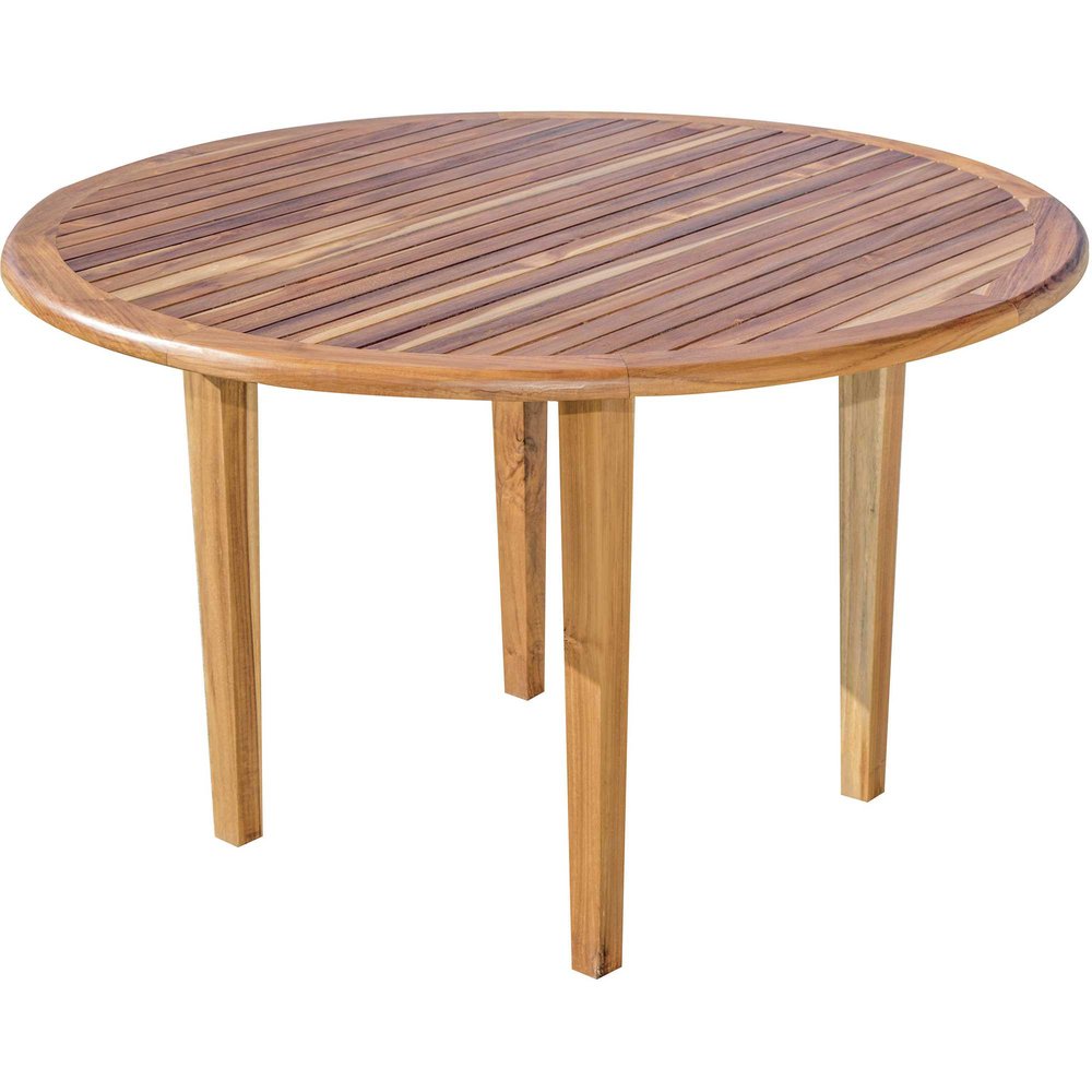 48" Natural Rounded Solid Wood Outdoor Dining Table. Outdoor table isolated on a plain white background, finished in tan wood.