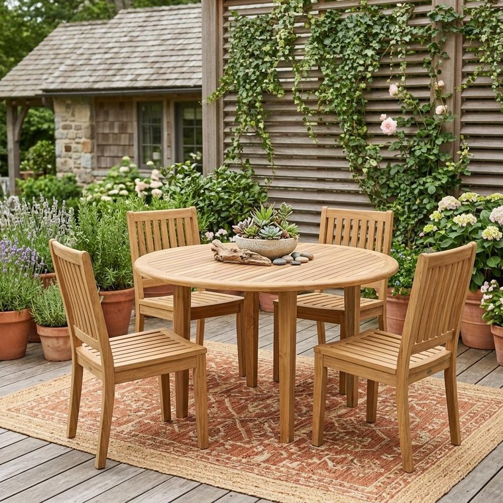 48" Natural Rounded Solid Wood Outdoor Dining Table shown outdoors on a patio with greenery in tan wood.