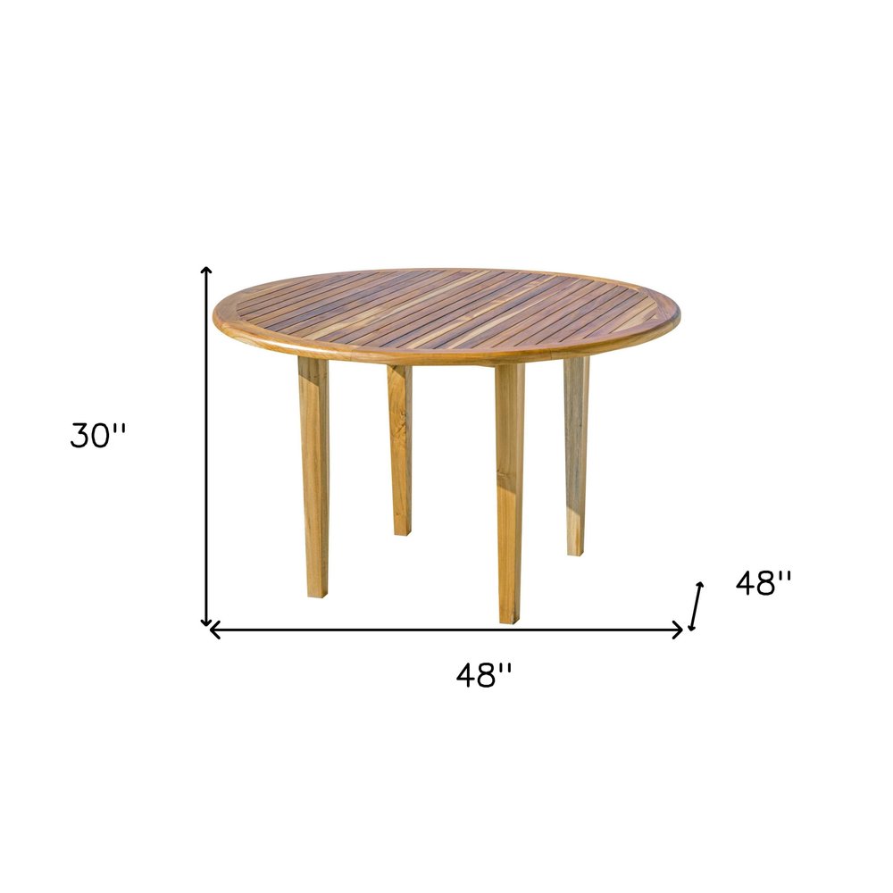 48" Natural Rounded Solid Wood Outdoor Dining Table. Outdoor table isolated on a plain white background, showing a tan wood surface.