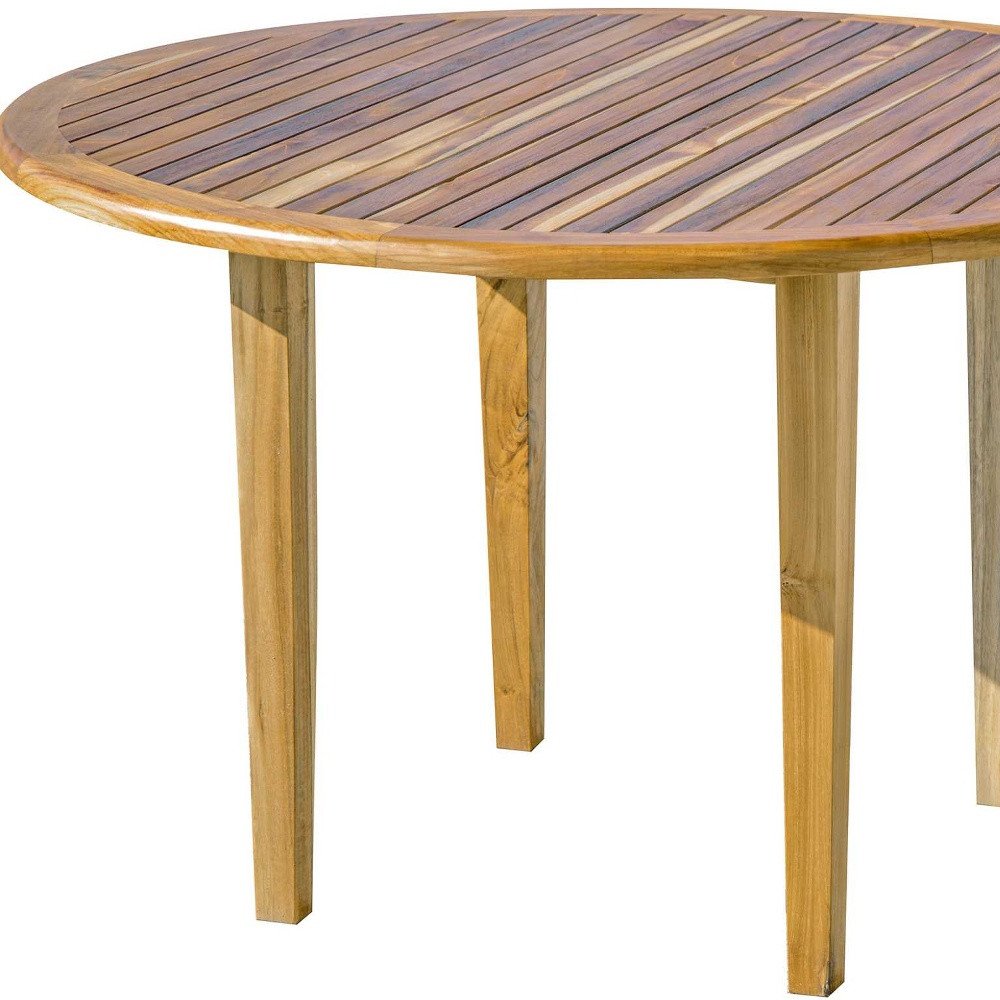48" Natural Rounded Solid Wood Outdoor Dining Table. Outdoor table isolated on a plain white background, in a tan wood finish.