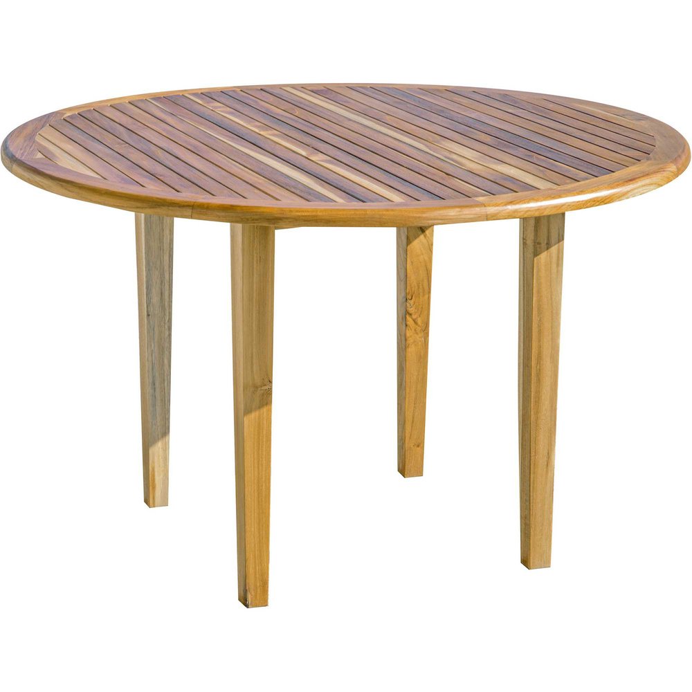 48" Natural Rounded Solid Wood Outdoor Dining Table. Outdoor table isolated on a plain white background, finished in tan wood.