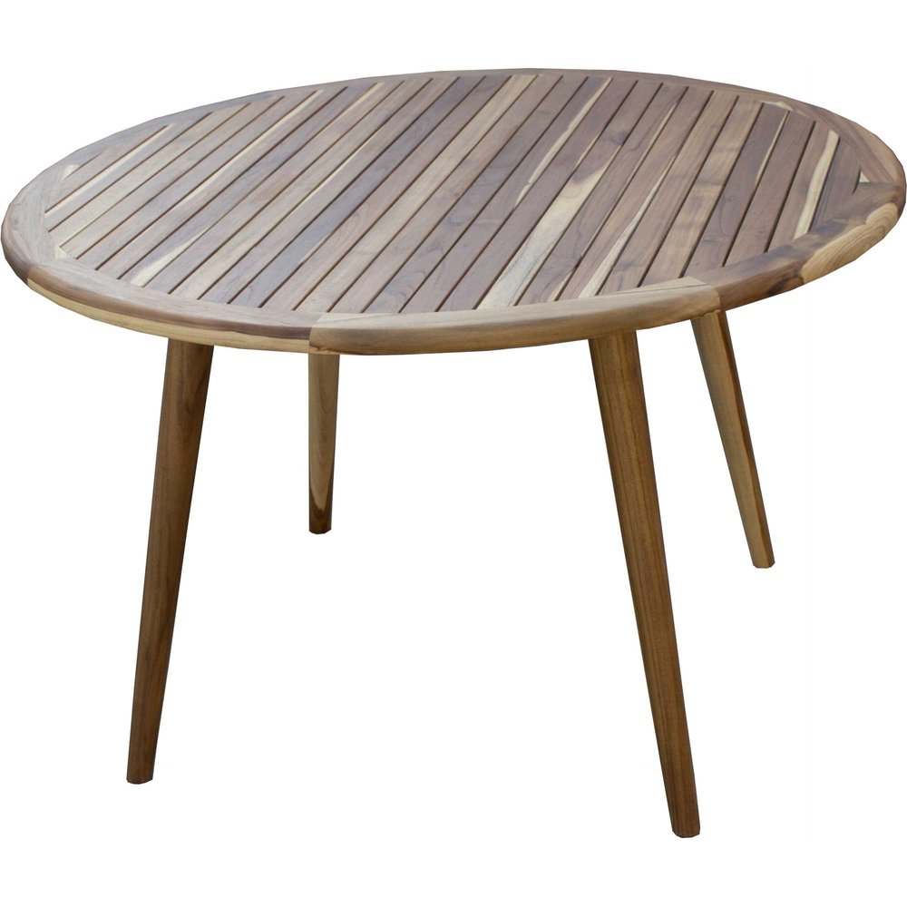 A natural rounded solid wood outdoor dining table with four tapered legs on a white background.