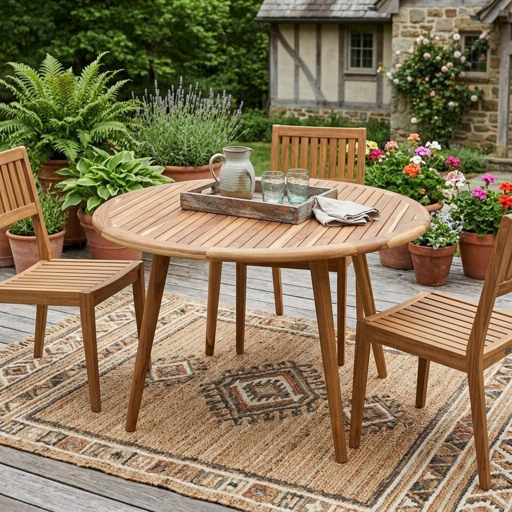 36" Natural Rounded Solid Wood Outdoor Dining Table shown outdoors on a patio with greenery in tan wood.
