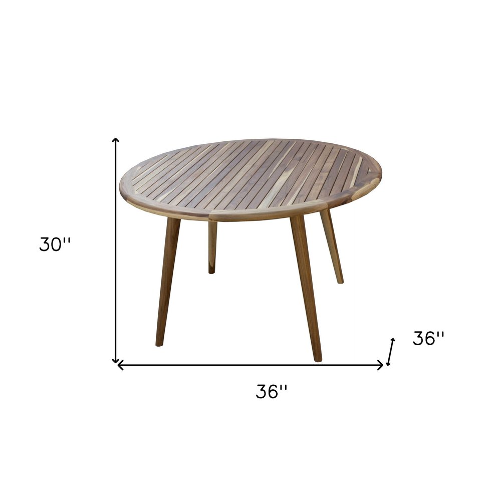 36" Natural Rounded Solid Wood Outdoor Dining Table. Outdoor table isolated on a plain white background, showing a tan wood surface.