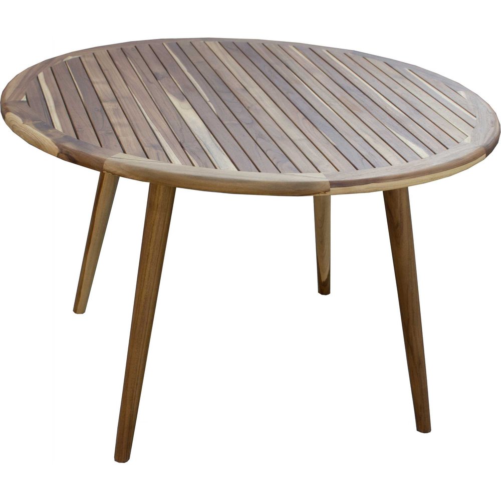 36" Natural Rounded Solid Wood Outdoor Dining Table. Outdoor table isolated on a plain white background, finished in tan wood.