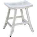 White teak square shower bench with a curved seat and four legs, isolated on a white background.