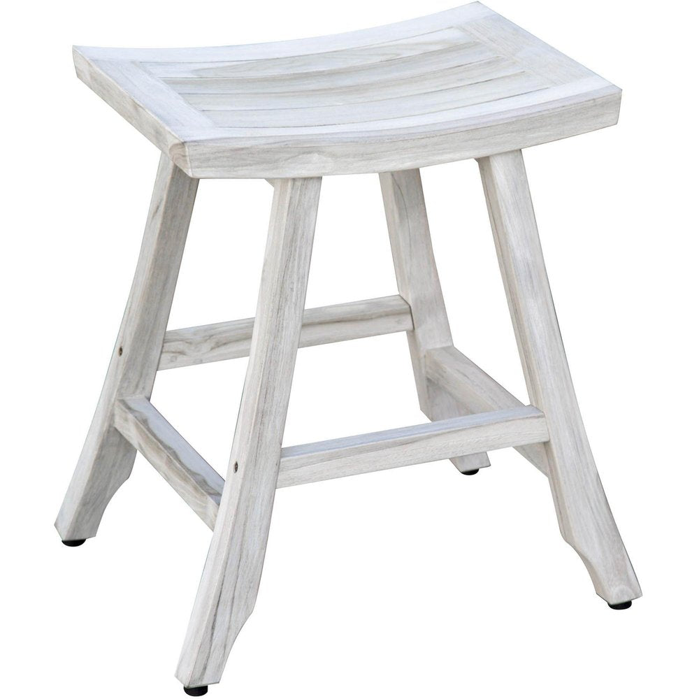 White teak square shower bench with a curved seat and four legs, isolated on a white background.