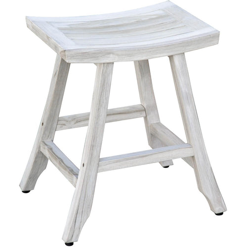 White teak square shower bench with a curved seat and four legs, isolated on a white background.