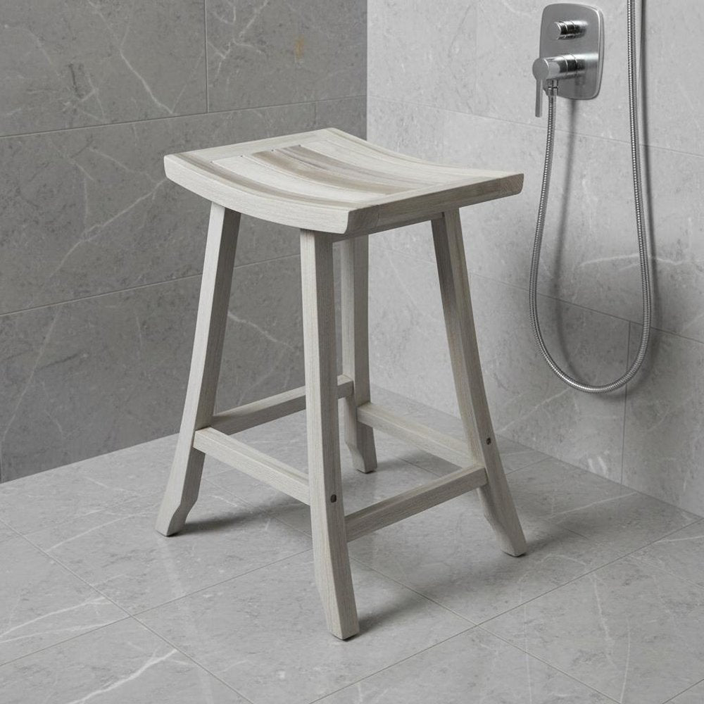 Close-up of 30" X 15" Light Gray Teak Square Shower Bench showing the light gray texture.