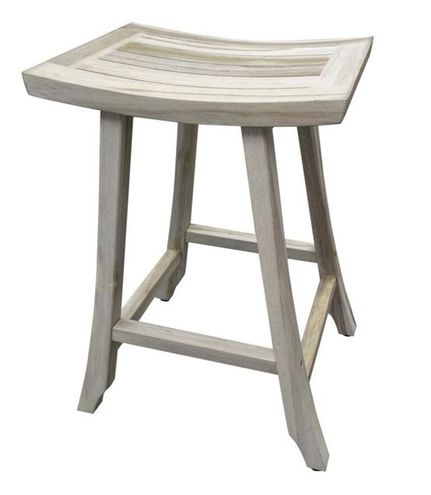 Light gray teak square shower bench with a curved seat and four legs against a white background.