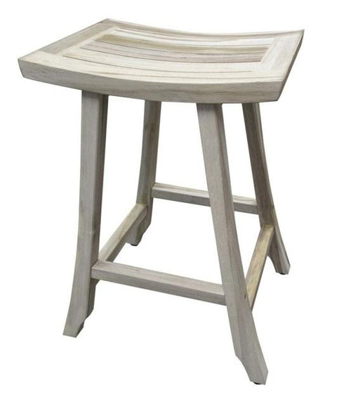 Light gray teak square shower bench with a curved seat and four legs against a white background.